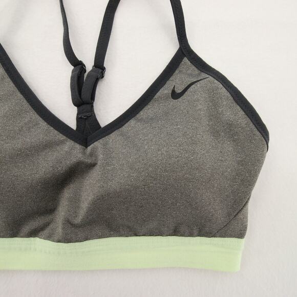 Nike Sports Bra Gray Green Black Dri-FIT V-Neck Racerback Strappy Mesh Size M - Picture 2 of 11